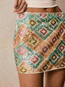 Poéselle Women's Vintage Pattern Sequin Rhombus Decor Mini Skirt - Champagne - View 3