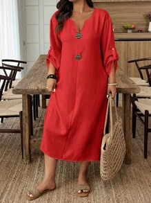 EMERY ROSE 大码纯色V领休闲度假卷袖连衣裙工作夏季连衣裙女装女士夏季服装女士大码太阳裙夏季服装 - 紅色 - 查看 1