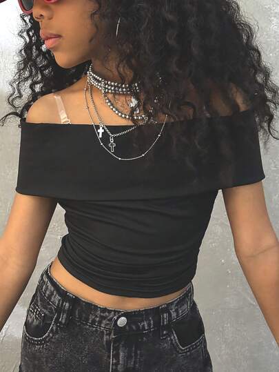 Coolane Kids Blusa recortada y ajustada de color liso con hombros descubiertos para niñas preadolescentes