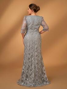 Serin Plus Size Elegant Romantic Heavy-Embellished Navy Blue Beaded Rhinestone Mid-Sleeve Lace Fabric Mermaid-Style Formal Gown, Suitable For Prom, Banquet, Mother Of The Bride Dress