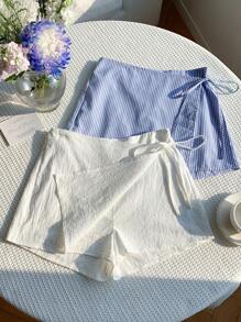 Comfortcana Bộ 2 món/Bộ quần sọc nơ vải lanh mùa hè cho nữ và quần short quấn dây rút màu trắng thích hợp cho kỳ nghỉ ở bãi biển - Xanh và trắng - Xem 6