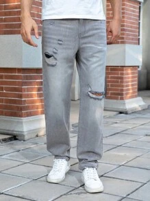 Manfinity Homme Plus Size Men's Pocket Distressed Straight Loose Casual Versatile Denim Jeans Men Streetwear Jeans