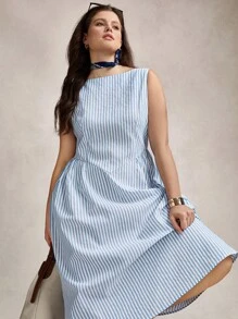Zelara Plus Size Summer Striped Round Neck Sleeveless Ruched Casual Work Dress,Old Money Style Women - Blue and White - View 8