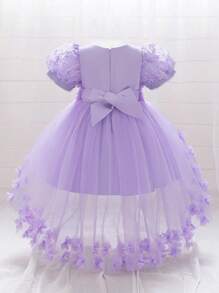 Vestido de niña con mangas abullonadas, cola de tul y flores 3D en color púrpura, vestido esponjoso de volantes de malla para primavera/verano, vestido de princesa para cumpleaños, boda, fiesta, recital, niña de las flores