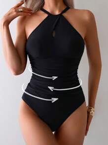 Swim Basics 女式交叉带连体泳衣，黑色，收腰，休闲沙滩装夏季