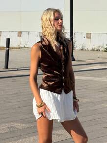 SHEIN ICON Chaleco/chaqueta tipo americana retro de color marrón oscuro para mujer