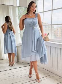 Ellevyn Plus Size Elegant And RomanticChiffon Two Pieces Set: Summer Elegant Flowing Chiffon Coat And Multi-Layered Ruffled Chiffon Waist Rhinestone Decoration Dress Spring/Summer Outfits For Women - Baby Blue - View 6