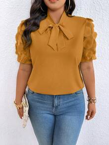 SHEIN Clasi Chemise à manches courtes avec col et nœud à l'avant pour femmes grande taille