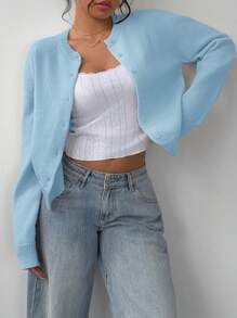 SHEIN BASICS Cárdigan de punto holgado con cuello redondo y manga larga de unicolor para mujer - Azul - Ver 5