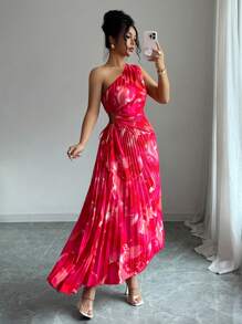 Elenzga Vestido con estampado floral, cintura plisada, hombro asimétrico y recorte, elegante para mujer, Verano 2025 - Rojo - Ver 6