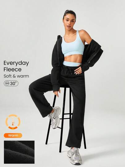 GLOWMODE 日常羊毛宽腿可调节抽绳腰部基本款运动裤，带侧袋，日常休闲