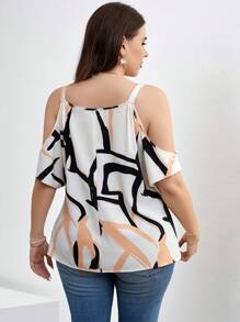 SHEIN Clasi Plus Size Women's Printed Cold Shoulder Top With Chain Decoration For Summer
