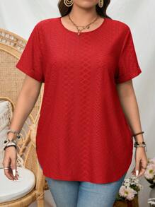 SHEIN LUNE 大码纯色圆领短袖休闲T恤 - 紅色 - 查看 6