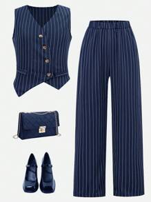 SHEIN 2件套青少年女孩休闲正装条纹背心和裤子套装 - 藍色 - 查看 3