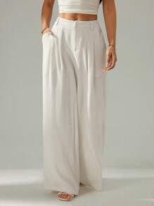 SHEIN PETITE Pantalones casuales de pierna ancha con cintura baja y pliegues de unicolor para mujer - Albaricoque - Ver 4