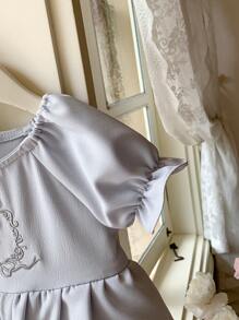 Baby Girl Round Neck Puff Sleeve Princess Style Mesh Dress - Grey - View 5