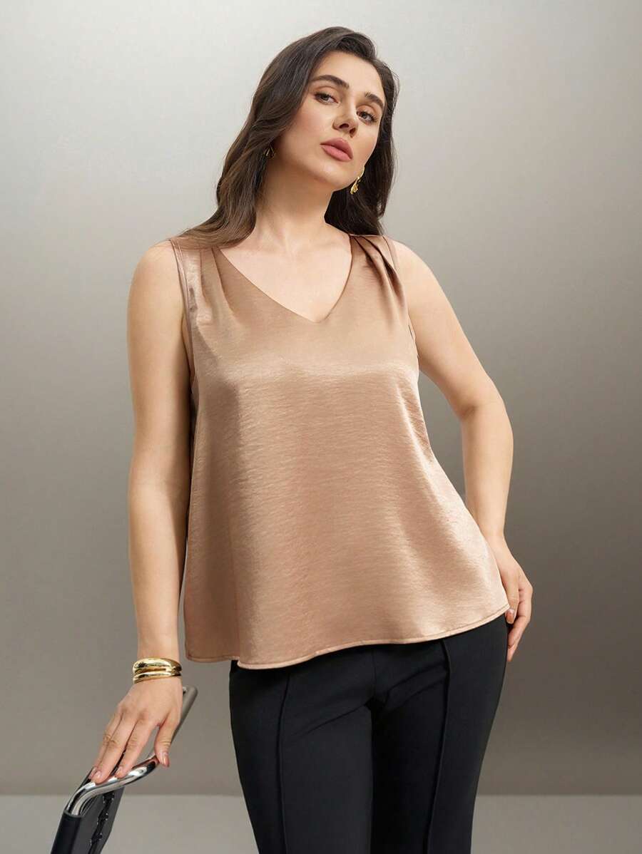 SHEIN Clasi Plus Size 2Pcs Women Set, Camisole Top + Slim Flare Pants, Work, Casual, Elegant, Fashionable - Multicolor - View 1