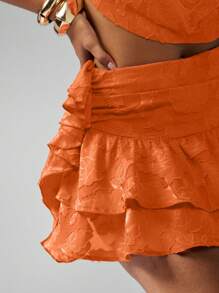 MISSGUIDED Minifalda de gasa de terciopelo con cintura fruncida y volantes con volantes para fiestas, salidas nocturnas, festivales de verano y ocasiones especiales - Naranja - Ver 4