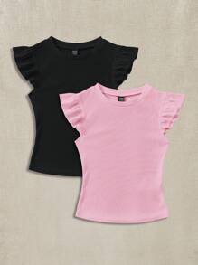 Soleia Set de 2 camisetas ajustadas de cuello redondo y manga corta de punto acanalado