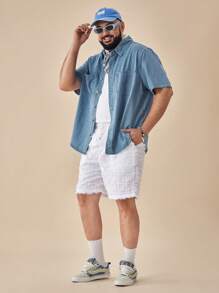 EASEVO Plus Size Men's Casual Blue Denim Short Sleeve Shirt, Suitable For Summer
