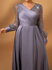 Serin Plus Size Women's Elegant And Gorgeous Gray Luxury Fine Glitter Beads Sequins Stitching Satin Lantern Long Sleeves Overlap V Neck Pleated A-Line Hem I-Shaped Pleats Suitable For Mothers To Attend Wedding Events Bachelorette Parties Dating Dance Dinner Holiday Music Festival Evening Dresses Bride Mother Dress - Grey - View 1