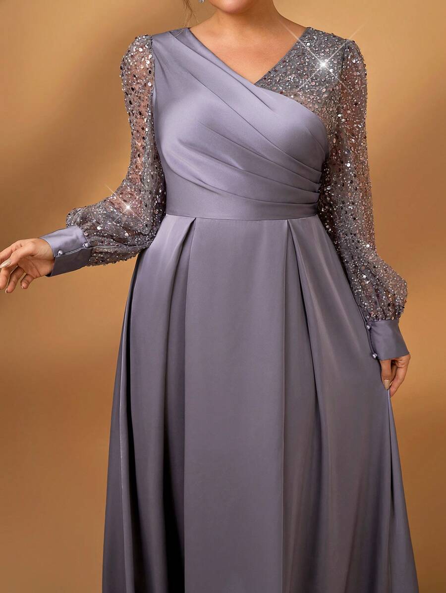 Serin Plus Size Women's Elegant And Gorgeous Gray Luxury Fine Glitter Beads Sequins Stitching Satin Lantern Long Sleeves Overlap V Neck Pleated A-Line Hem I-Shaped Pleats Suitable For Mothers To Attend Wedding Events Bachelorette Parties Dating Dance Dinner Holiday Music Festival Evening Dresses Bride Mother Dress - Grey - View 1