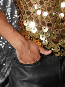 FeverCity 男士闪亮亮片背心，夏季时尚 - 金色 - 查看 5