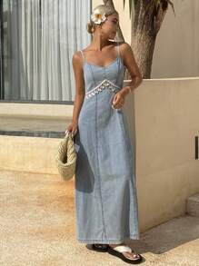 Livesso 女士夏季流苏装饰吊带牛仔连衣裙，返校度假装 - 藍色 - 查看 4