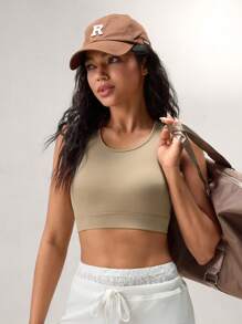 Hanevo Solid Color Hollow Shoulder Round Neck Summer Cropped Yoga Tank Top Bra Style Sportwear For Daily Wear - White - View 3