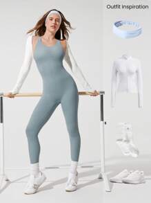 GLOWMODE 24" FeatherFit™-Air Backspin Butt Scrunch Removable Cups Bodysuit Romper Low-Impact Yoga Pilates Studio Daily Casual Wear - Grey - View 9