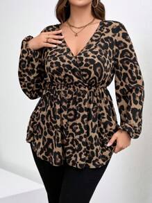 Reflora Plus Size Simplistic Elegant Leopard Print Tie Waist Long Sleeve Shirt, Suitable For Elegant Everyday Wear - Coffee Brown - View 3