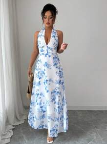 Chiquease 女士蓝色花卉印花荷叶边领口无袖连衣裙，优雅、假日、波西米亚风、柔和色彩 - 藍色 - 查看 4
