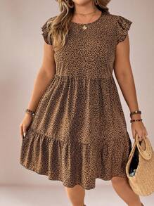 SHEIN VCAY Plus Size Round Neck Ruffle Hem Leopard Print Fashion Casual Dress,Beach Dress Sundress,Holiday Outfits Boho