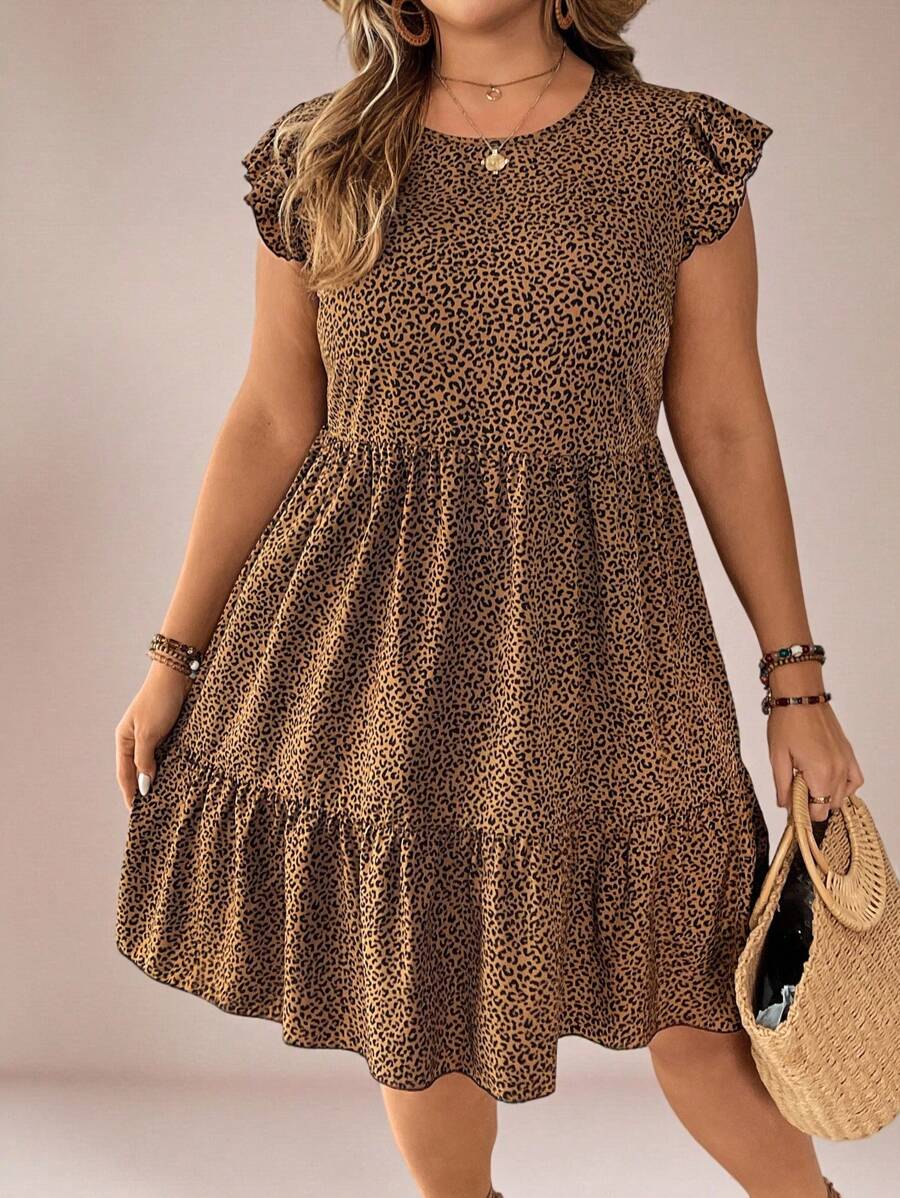 SHEIN VCAY Plus Size Round Neck Ruffle Hem Leopard Print Fashion Casual Dress,Beach Dress Sundress,Holiday Outfits Boho