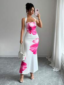 Elenzga Women's 2025 Summer Halter Tie Waist Fitted Midi Floral Print Dress