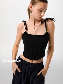 Menodora SHEIN Sport Cityvoya Women's Solid Color Crop Knit Tank Top,Internal Boning For Waist Support - Black - View 2