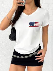 INAWLY Women Summer Short Sleeve Casual T-Shirt With Letter And American Flag Print