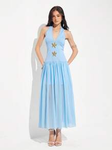 Roylia Women's Long Dress With Starfish Decorative Button Detail, Neck Tie - Blue - View 5