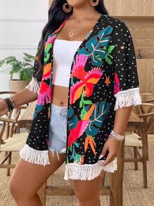 SHEIN LUNE Plus Size Women Woven Tropical Print Patchwork Tassel Trim Lightweight Spring/Summer Vacation Jacket - Multicolor - View 1