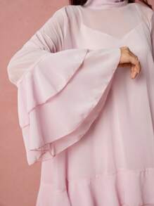 Enchnt 女士时尚优雅浪漫喇叭袖荷叶边下摆短款连衣裙 - 淺粉色 - 查看 6