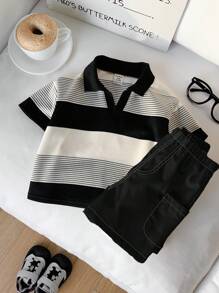SHEIN 2 件套男婴休闲条纹 Polo 衫和白色短裤套装，适合生日派对、晚会、婚礼、迎婴会、1 岁生日庆祝活动和其他场合男婴夏季套装男婴条纹 Polo 衫和短裤套装黑白男婴服装，返校服装 - 彩色 - 查看 7