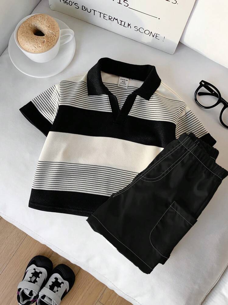 SHEIN 2 件套男婴休闲条纹 Polo 衫和白色短裤套装，适合生日派对、晚会、婚礼、迎婴会、1 岁生日庆祝活动和其他场合男婴夏季套装男婴条纹 Polo 衫和短裤套装黑白男婴服装，返校服装 - 彩色 - 查看 7