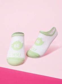 THE POWERPUFF GIRLS X SHEIN 1 Par de Meias Invisíveis de Barco de Moda com Padrão de Letra de Cores Contrastantes para Mulheres - Verde - Visão 3