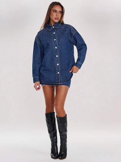 SHEIN BAE Blusa de mezclilla de manga larga con decoración de rhinestones para mujer