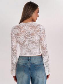 SHEIN BAE Elegant White Lace Stitching See-Through Tops,Autumn Minimalist Long Sleeve Tops For Tea Party,,Brunch,Commuting & Daily Wear - White - View 2