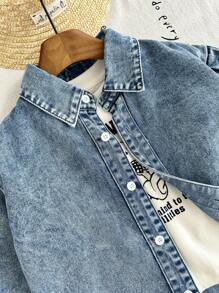 SHEIN Mädchen lange, weite Denim-Bluse mit umlegekragen und elastischem Bündchen