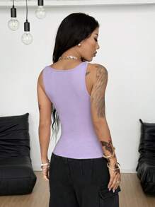 Coolane Áo ba lỗ bó sát màu trơn đơn giản cho nữ, mùa hè - Màu tím hoa cà - Xem 2