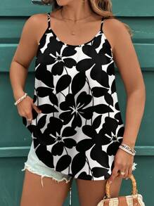 SHEIN Clasi VCAY 简约廓形印花休闲优雅大码吊带背心/上衣，适合夏季外出穿着