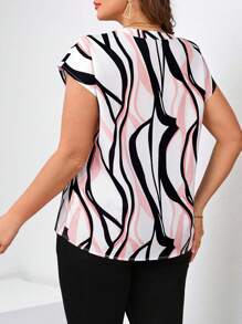 Chikora Plus Size Women's Stylish Geometric Print Short Sleeve Summer Fashion Women Tops,Casual Daily Wear,Blouses For Women,Beach Outfits For Woman,Elegant,Vacation,Plus Size Elegant Geometric Print Front-Tie Flounce Sleeve Blouse,Utfits For Women Vacation Outfits Woman,Elegant Everyday Versatile Wear,Vacation,Suitable For Workplace, Afternoon Tea, Date, Concert, Party, Retro College Style,For Daily Wear, Tops For Women Summer, Top Women Tops,Holiday Outfits,Resort /Vacation Style - Multicolor - View 2