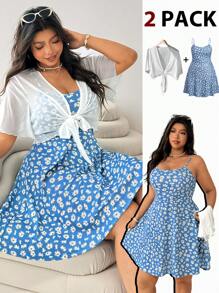 SHEIN EZwear 2pcs/Set Plus Size Women Casual Comfortable Blue Dress & Cover Up Set, Spring/Summer It Is Suitable For Dates, Casual Holidays, Can Be Worn Alone, And Can Be Paired With Long Coats In Autumn. - Blue - View 6
